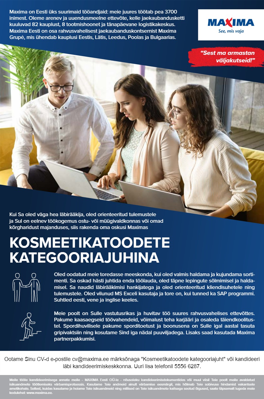 Maxima Eesti OÜ Kosmeetikatoodete kategooriajuht