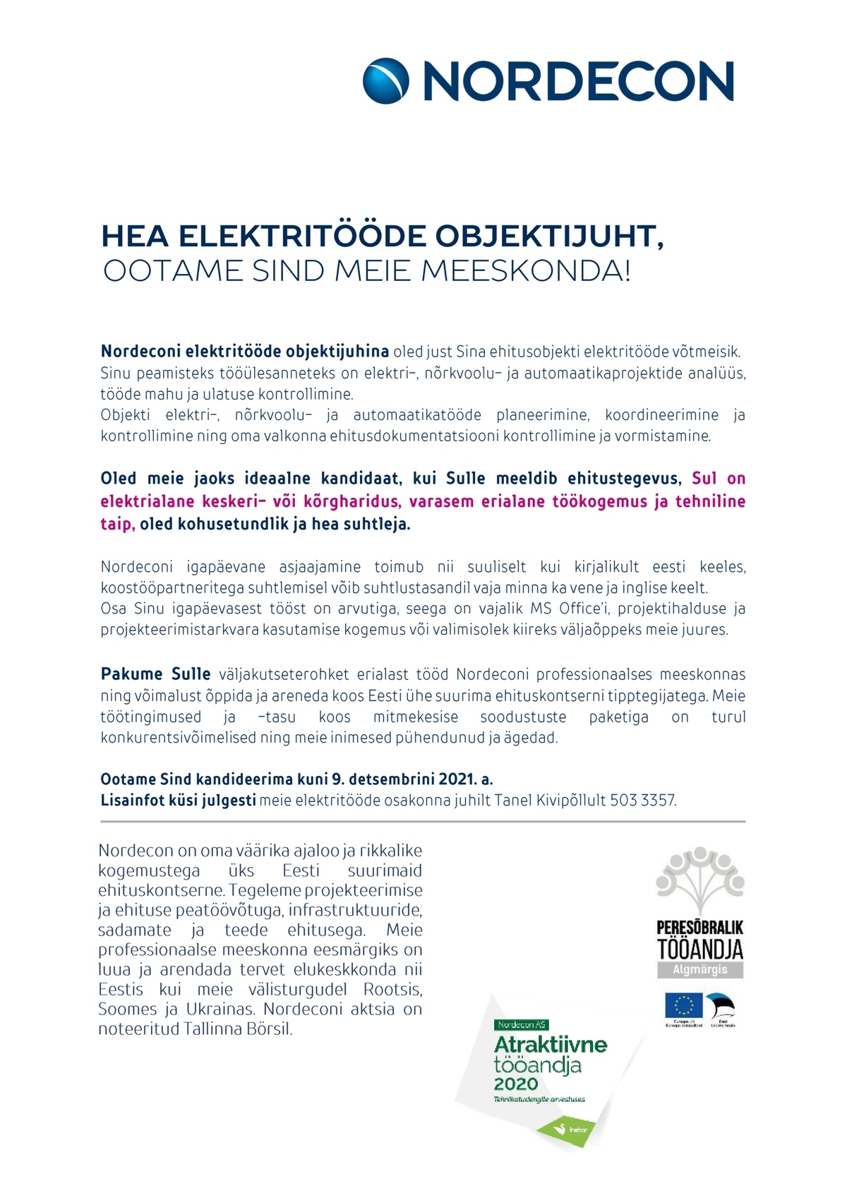 NORDECON AS ELEKTRITÖÖDE OBJEKTIJUHT