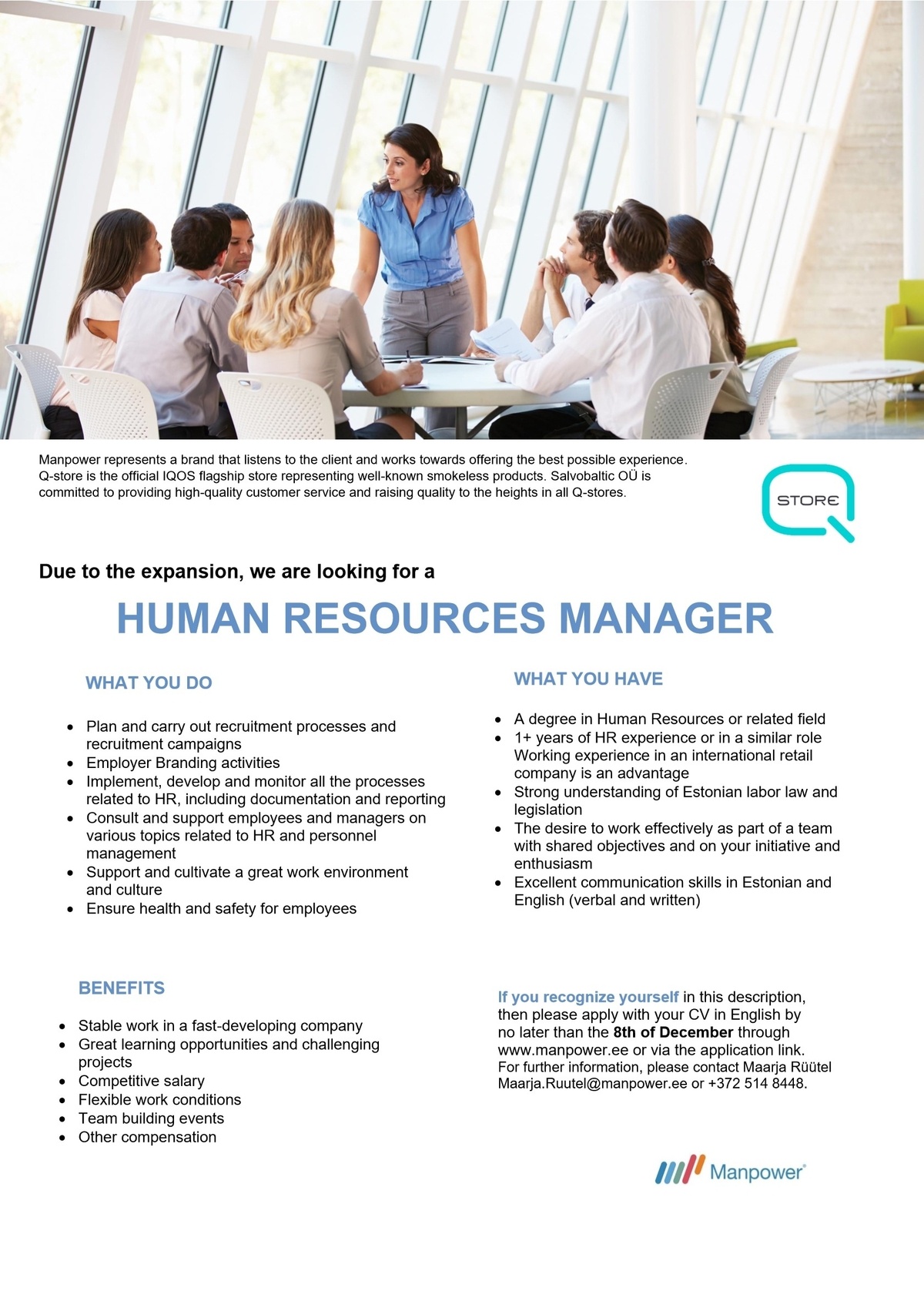 Manpower OÜ HUMAN RESOURCES MANAGER