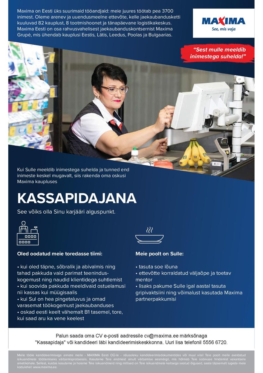 Maxima Eesti OÜ Kassapidaja Kopli Maximas (Kopli 69b)