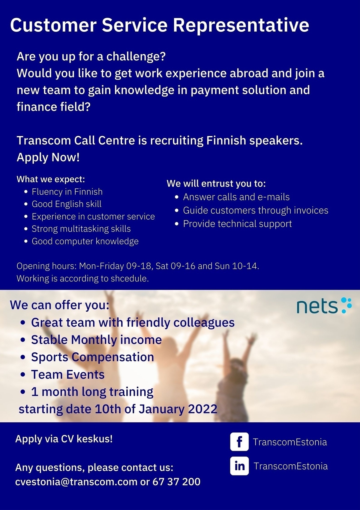 Transcom Eesti OÜ Finnish Customer Care Specialist