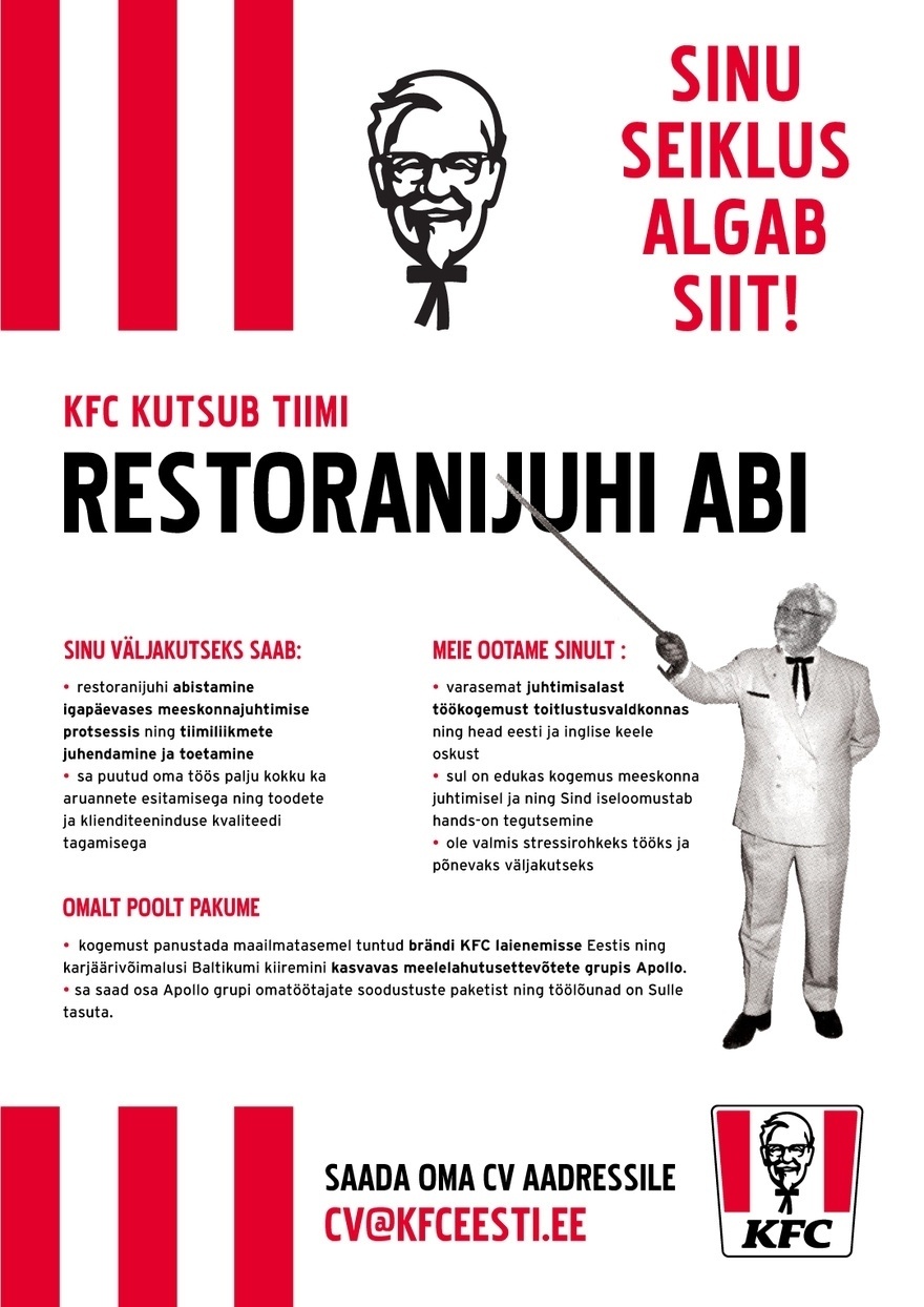 APL Fresh Food OÜ KFC avab uue üksuse - tule meile RESTORANIJUHI ABIKS