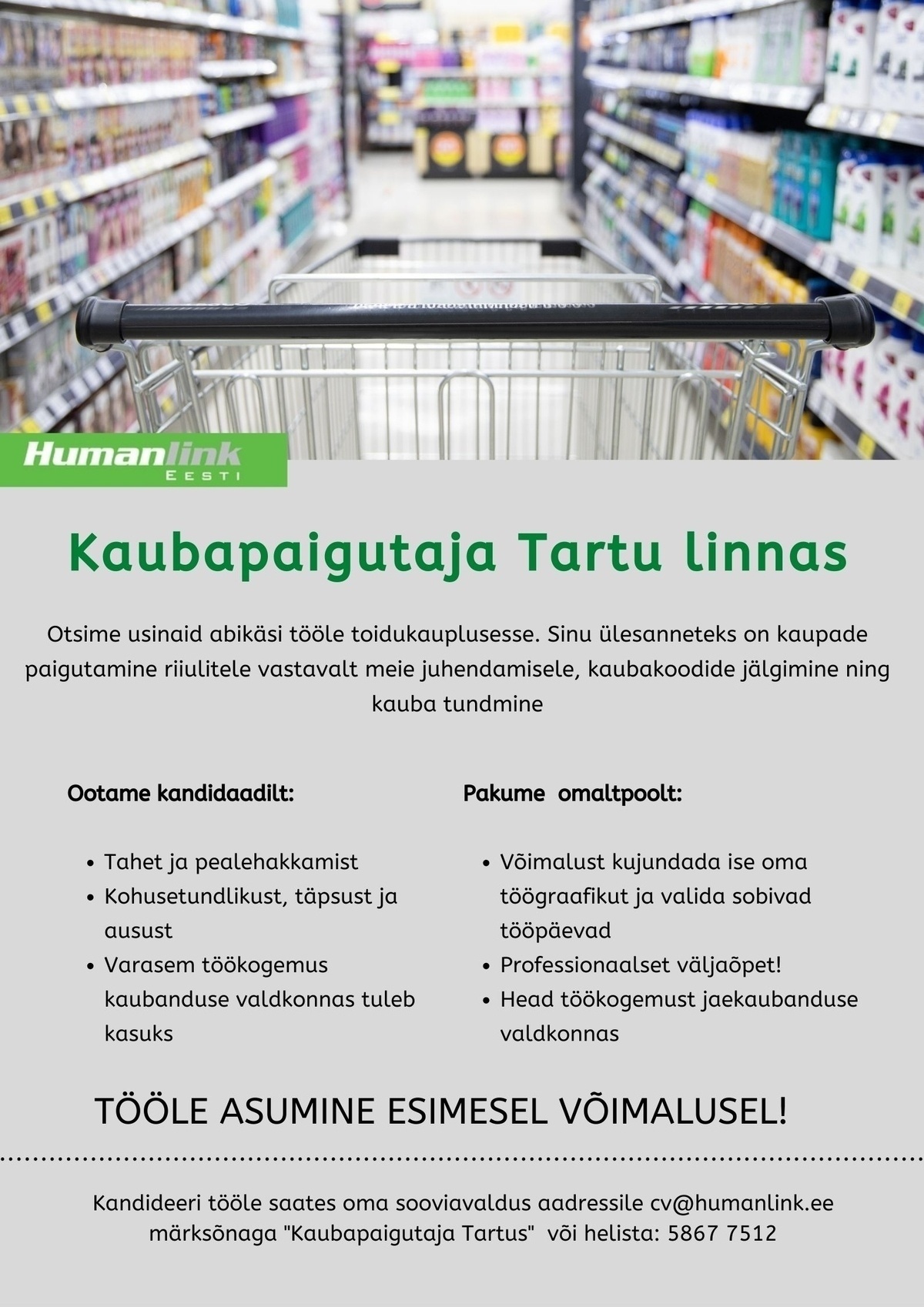 Humanlink Estonia OÜ Lisatöö Tartu linnas!