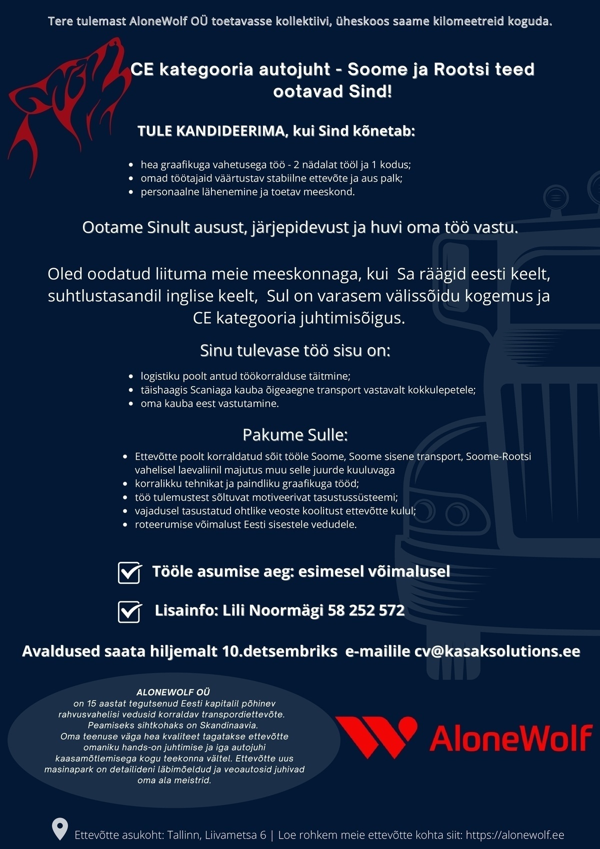 Kasak Solutions OÜ CE kategooria autojuht Soome-Rootsi suunal