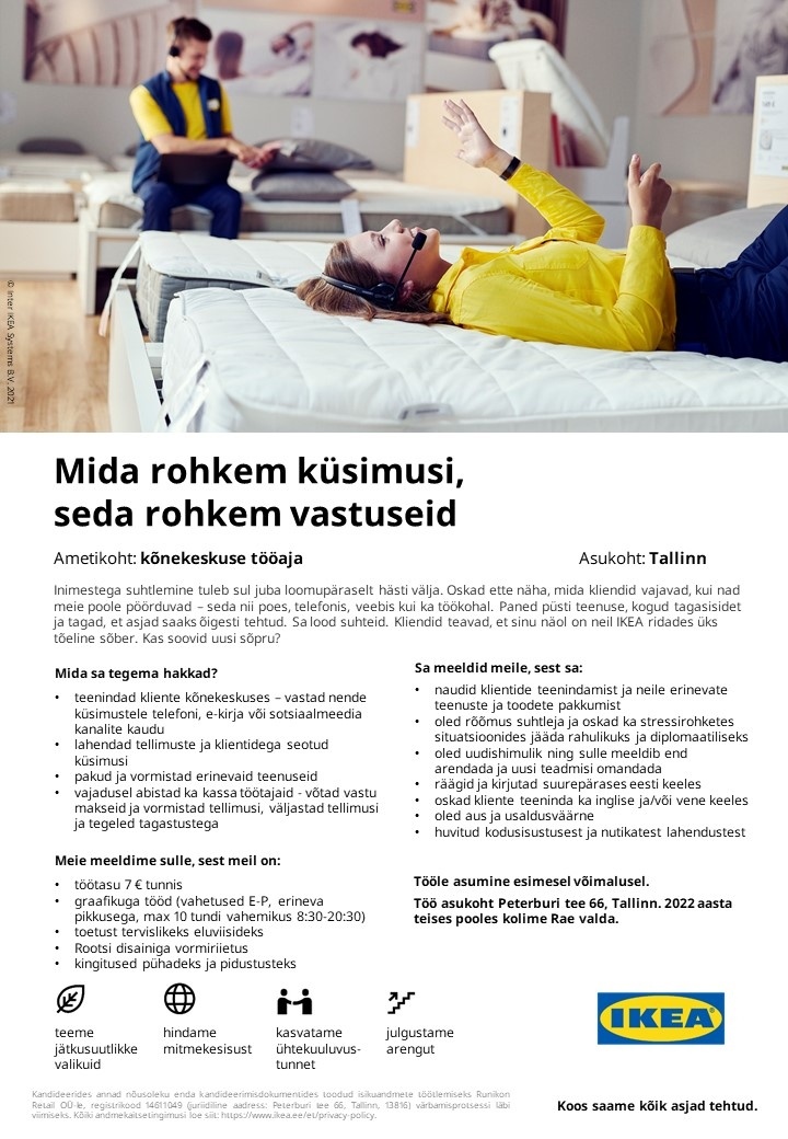 Runikon Retail OÜ (IKEA Estonia) KÕNEKESKUSE TÖÖTAJA
