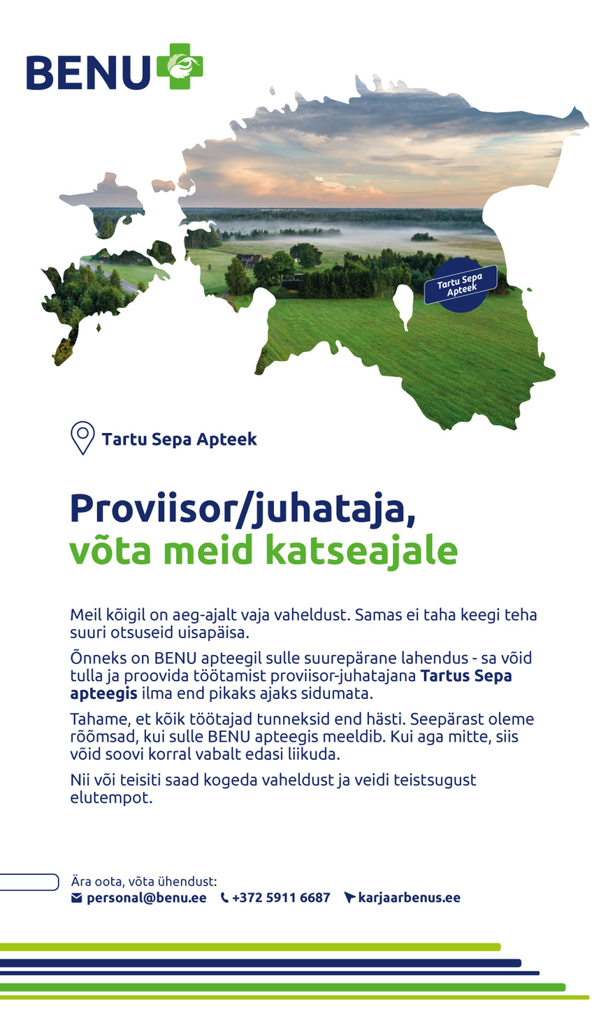Benu Apteek Eesti OÜ Proviisor/juhataja- Tartu Sepa apteek