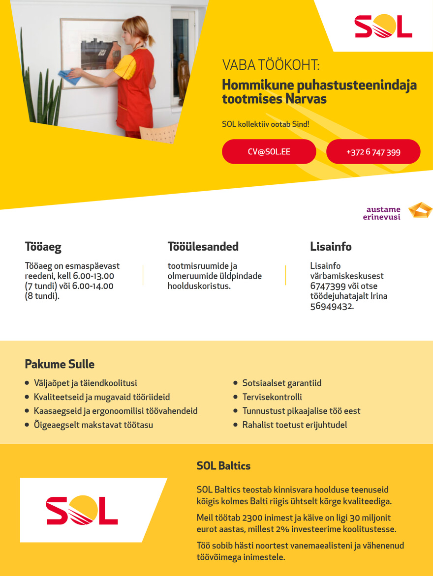 SOL Baltics OÜ Hommikune puhastusteenindaja tootmisesse Narvas