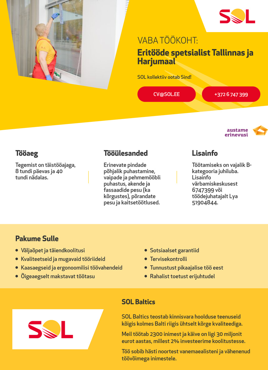 SOL Baltics OÜ Eritööde spetsialist Tallinnas ja Harjumaal