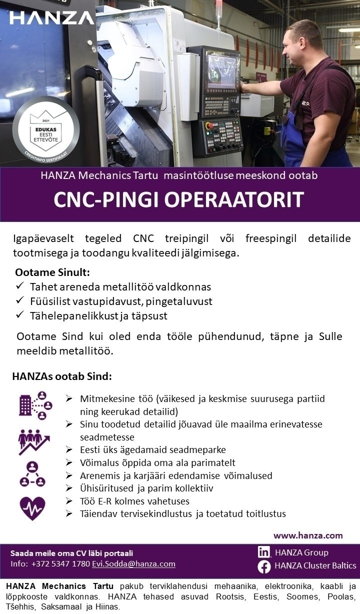 HANZA Mechanics Tartu AS Cnc-pingi operaator