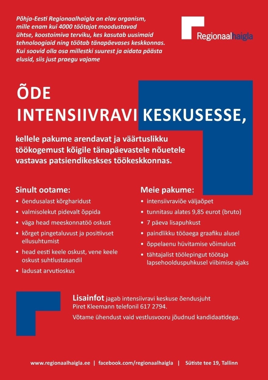 Põhja-Eesti Regionaalhaigla SA Õde intensiivravi keskusesse (asenduskoht)