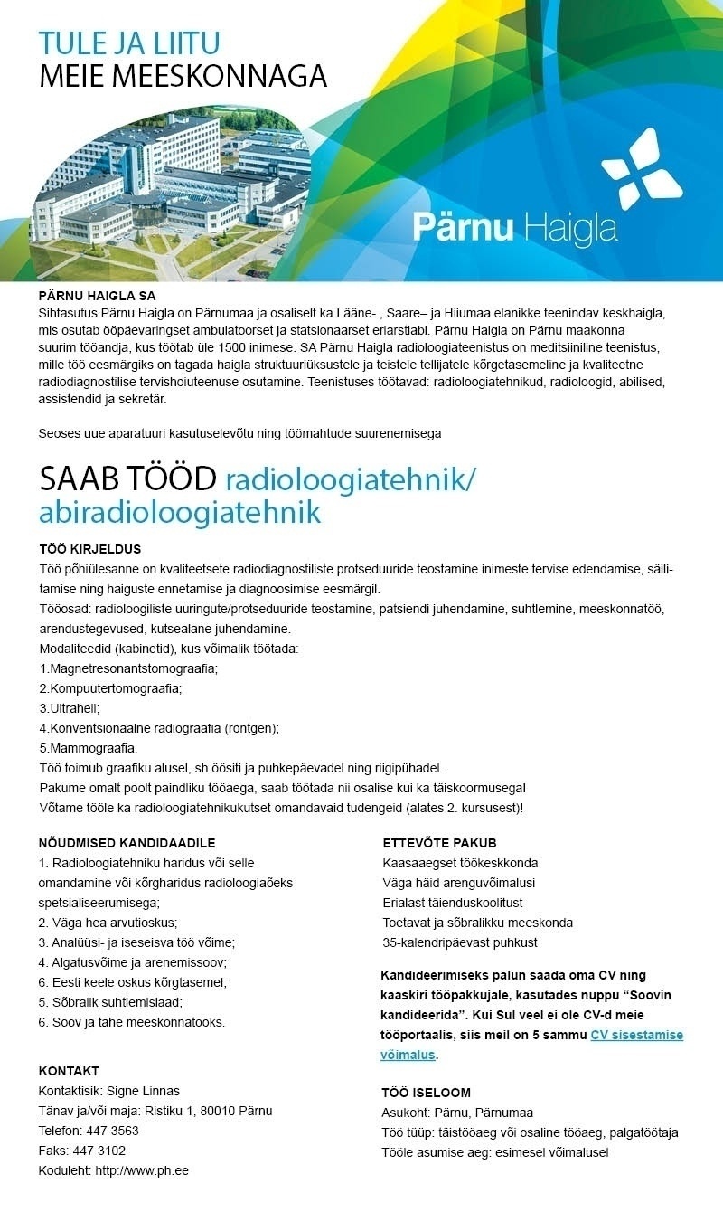 Pärnu Haigla SA Radioloogiatehnik/ abiradioloogiatehnik