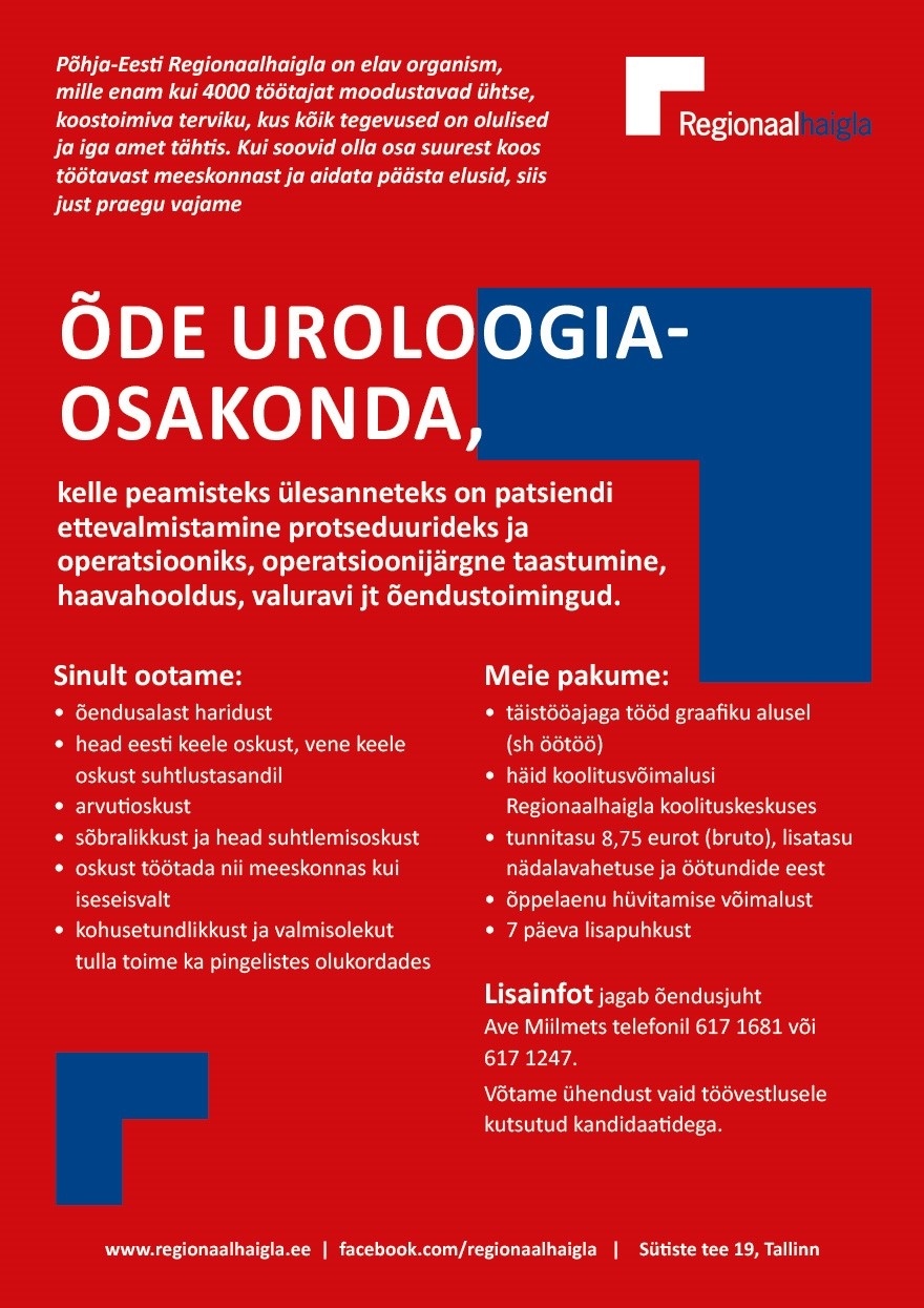 Põhja-Eesti Regionaalhaigla SA Õde uroloogiaosakonda