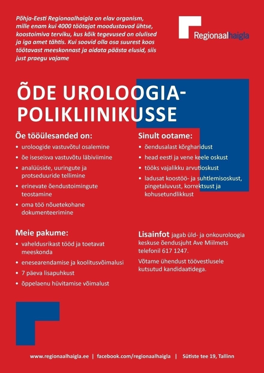 Põhja-Eesti Regionaalhaigla SA Õde uroloogiapolikliinikusse
