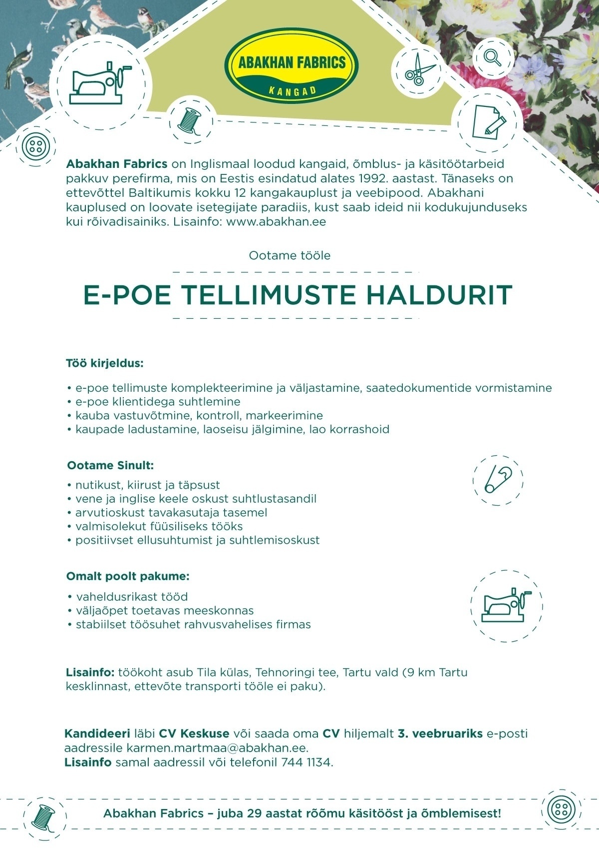 Abakhan Fabrics Eesti AS E-POE TELLIMUSTE HALDUR