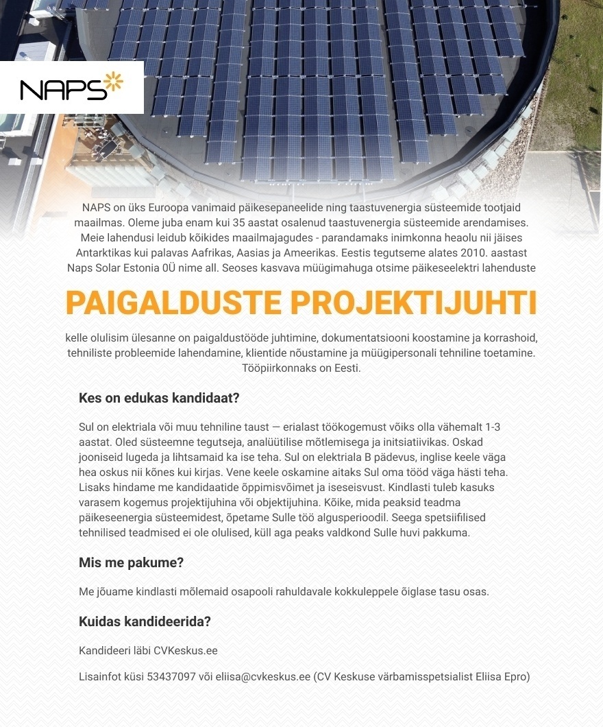 Naps Solar Estonia OÜ PAIGALDUSTE PROJEKTIJUHT