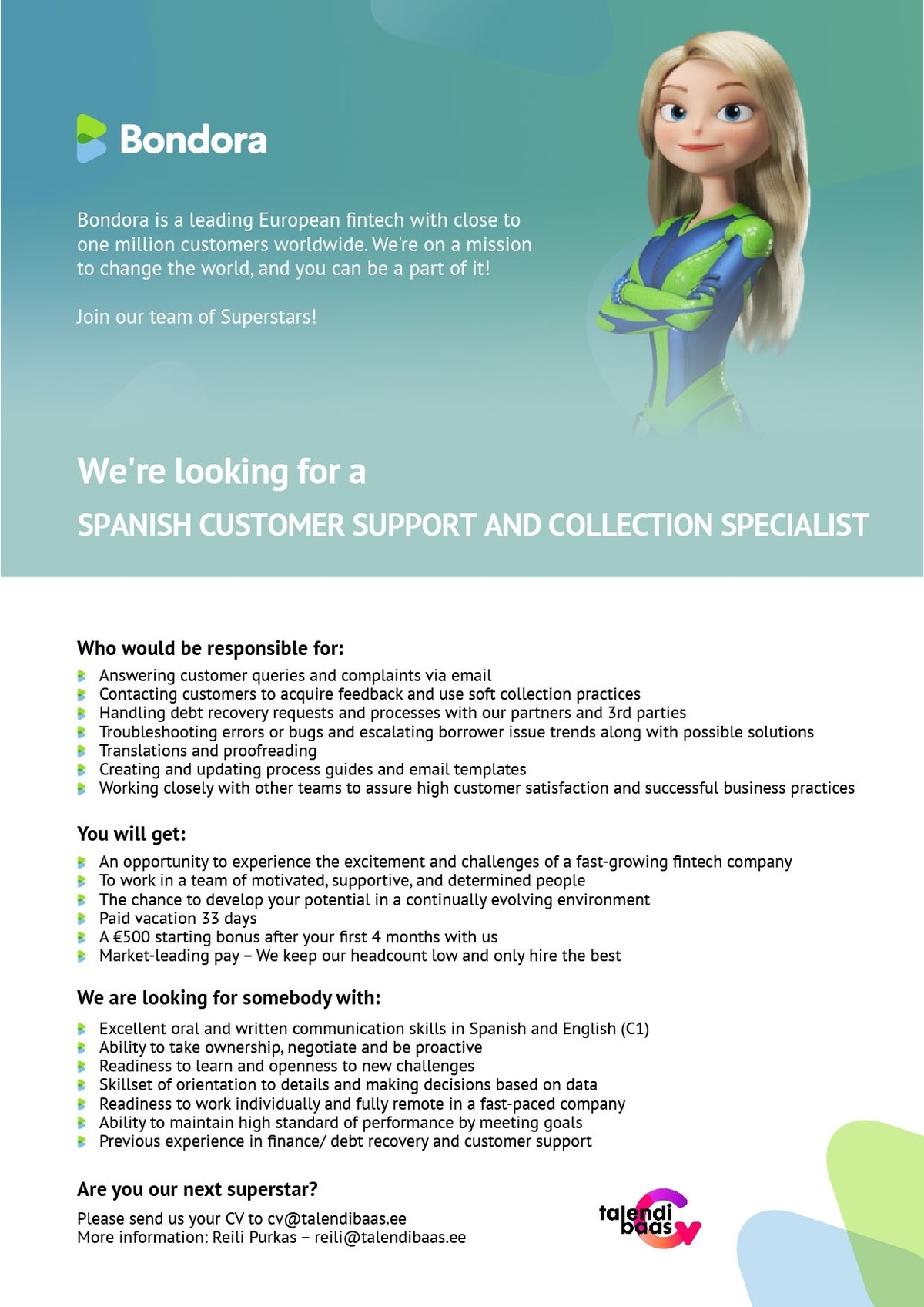 Talendibaas OÜ SPANISH CUSTOMER SUPPORT AND COLLECTION SPECIALIST