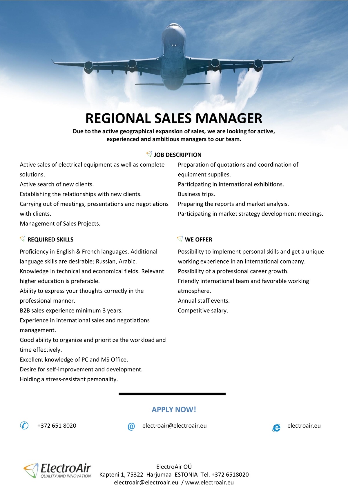ELECTROAIR OÜ Regional Sales Manager