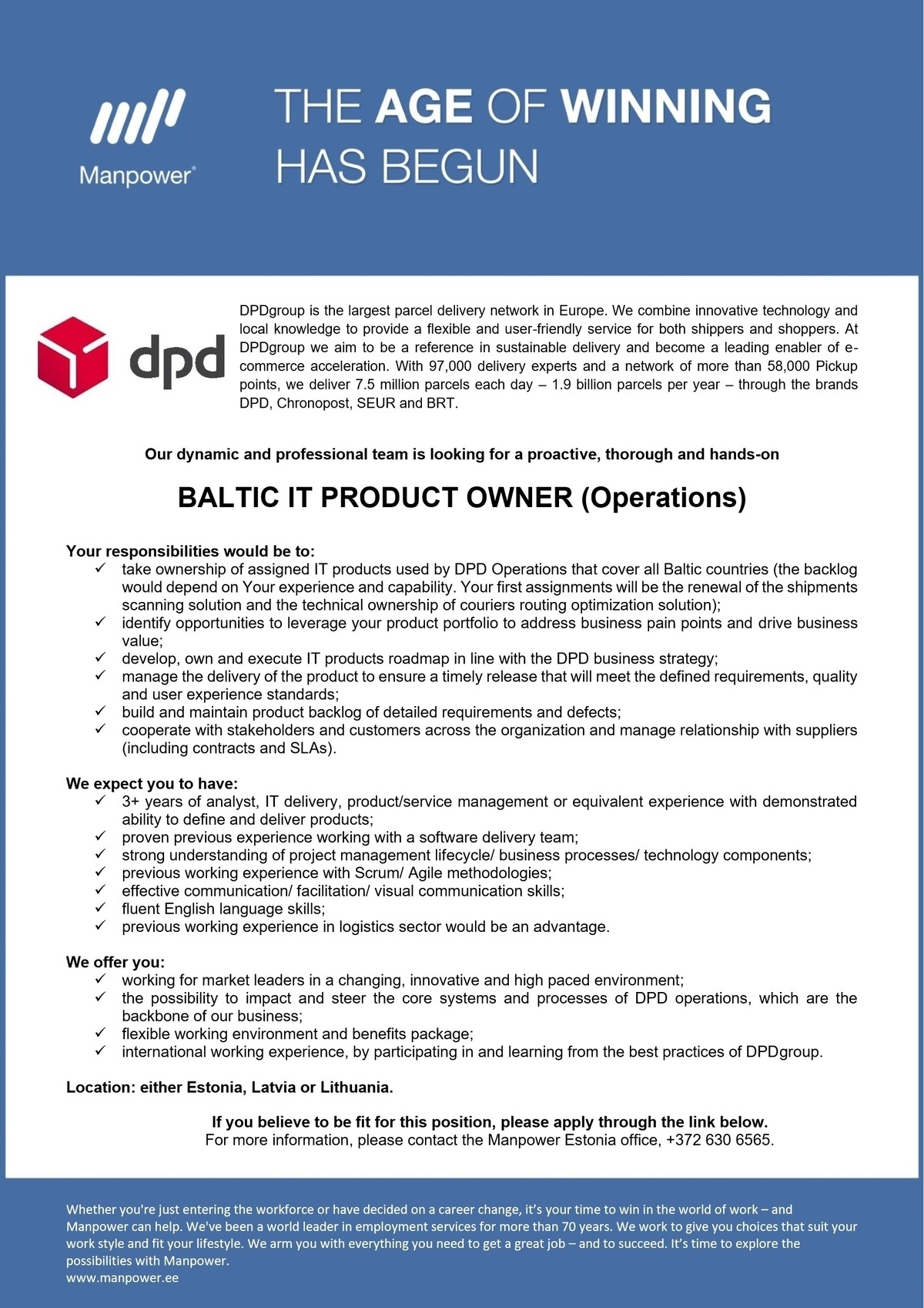 Manpower OÜ BALTIC IT PRODUCT OWNER (Operations)