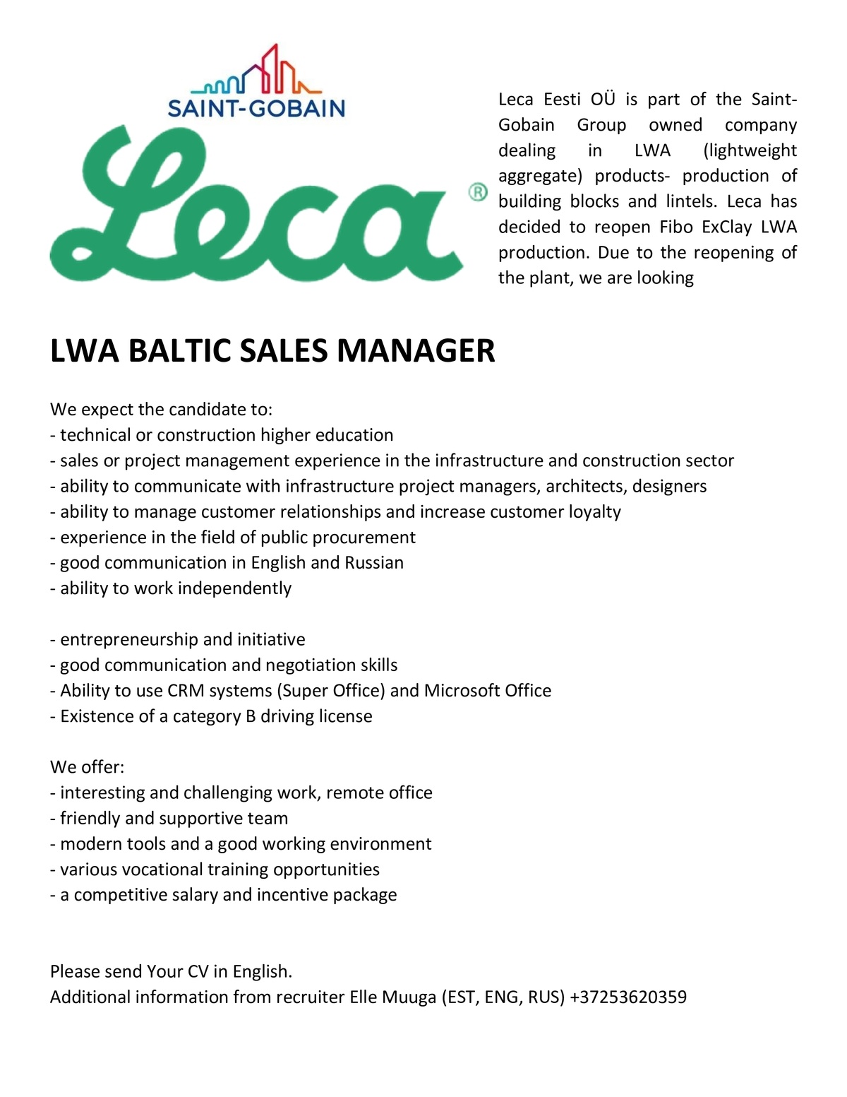 Leca Eesti OÜ (SAINT-GOBAIN) LWA Baltic Sales Manager