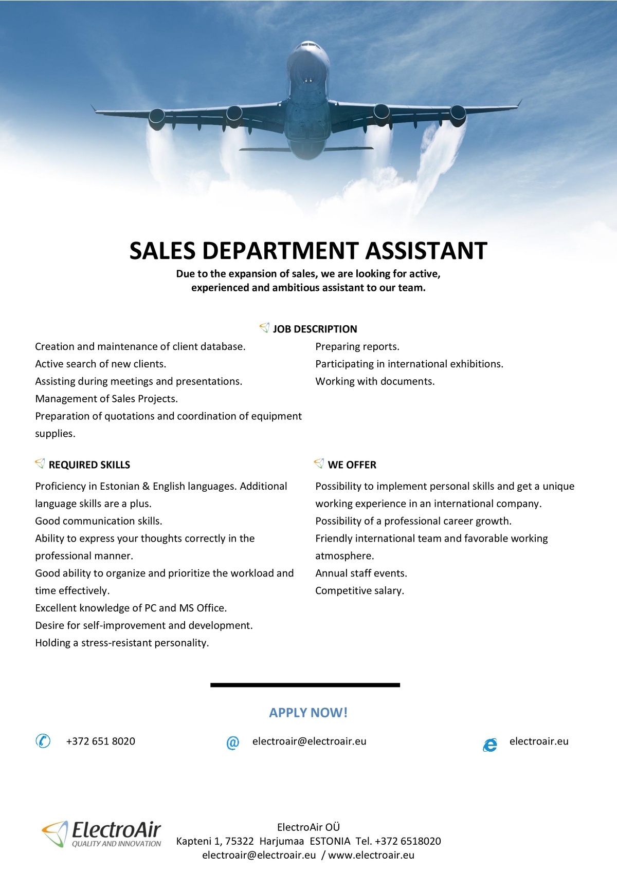 ELECTROAIR OÜ Sales Department Assistant