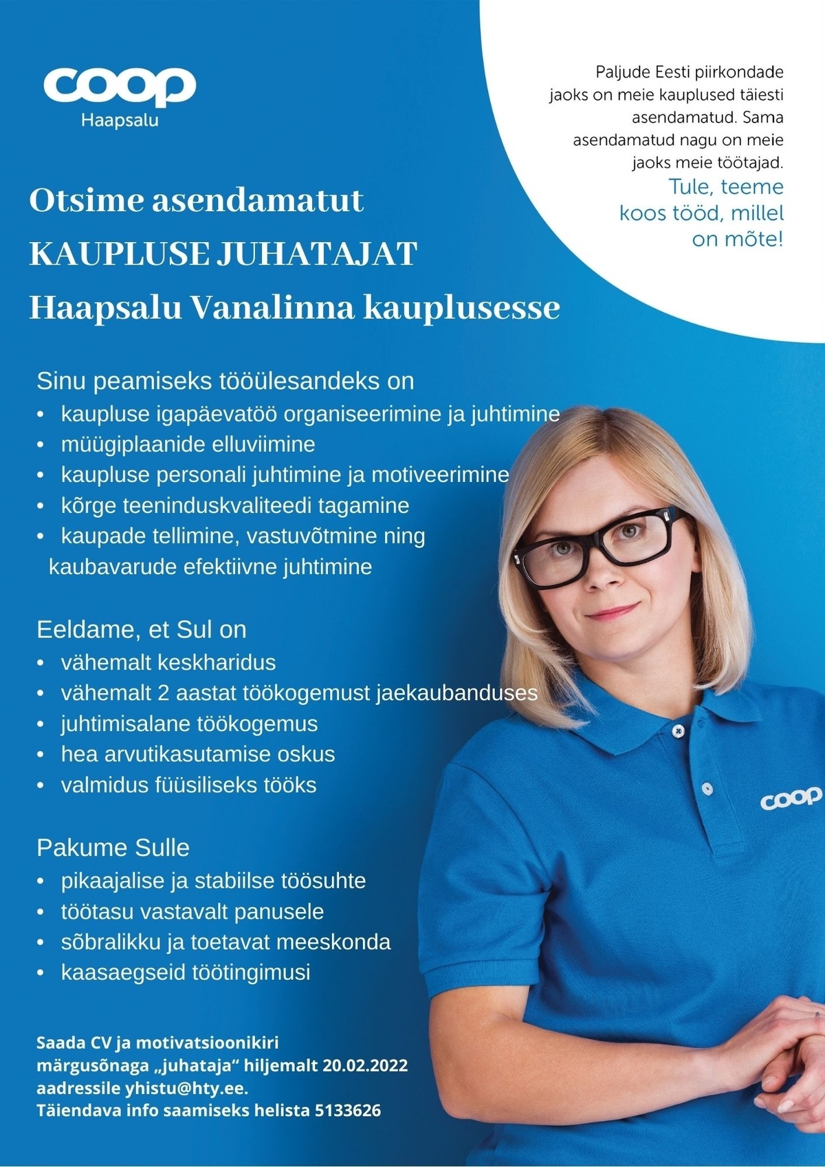 Coop Eesti Keskühistu Kaupluse juhataja Haapsalu Vanalinna kauplusesse