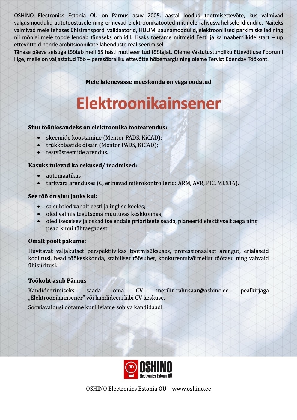 OSHINO ELECTRONICS ESTONIA OÜ Elektroonikainsener