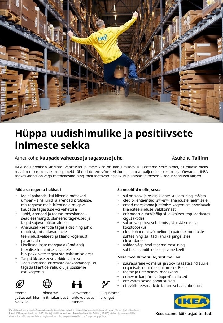Runikon Retail OÜ (IKEA Estonia) Kaupade vahetuse ja tagastuse juht