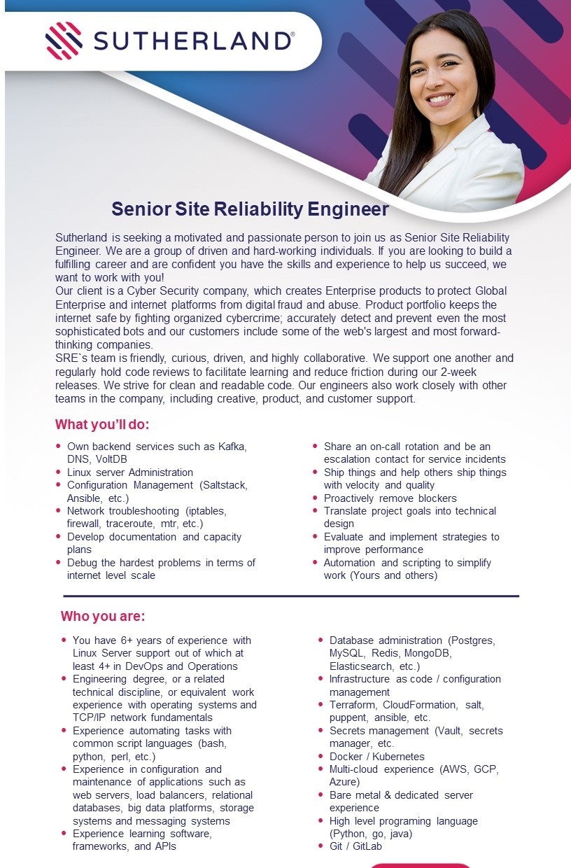 SUTHERLAND GLOBAL SERVICES OÜ Senior Site Reliability Engineer