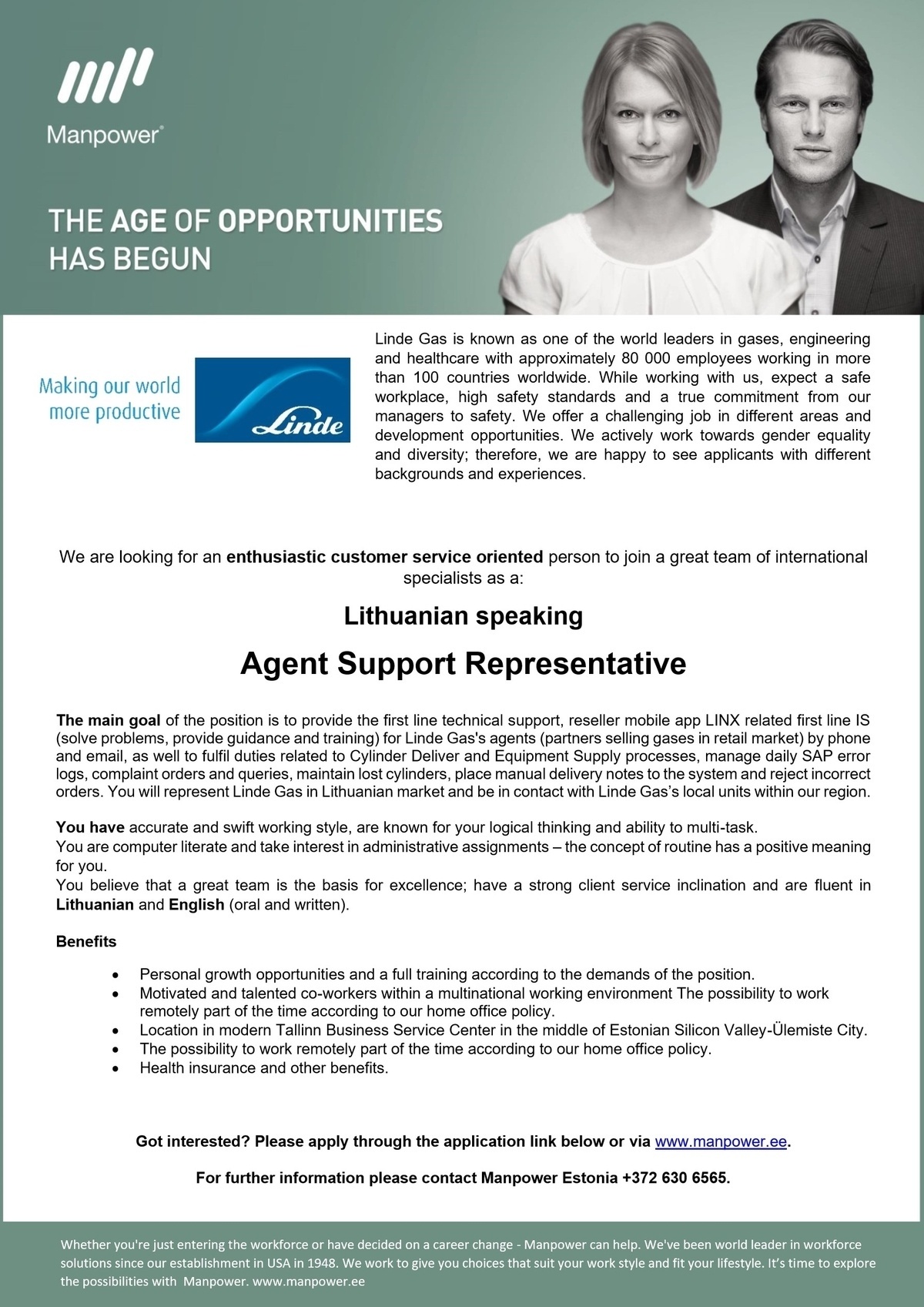 Manpower OÜ LITHUANIAN SPEAKING AGENT SUPPORT REPRESENTATIVE