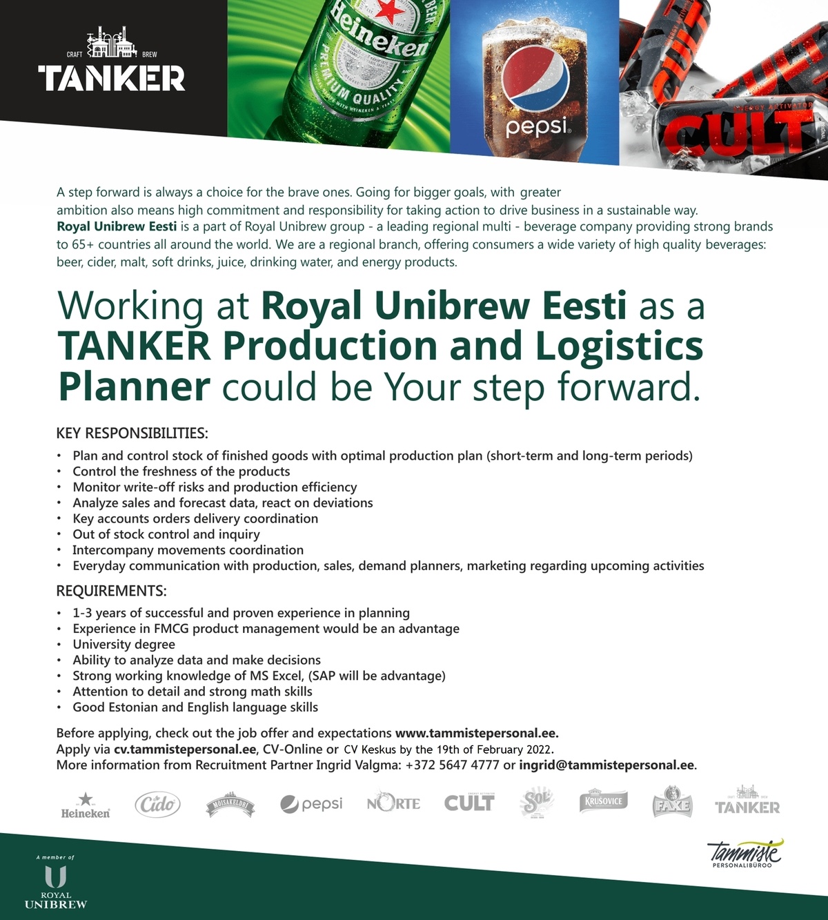 Tammiste Personalibüroo OÜ Tanker Production and Logistics Planner (Royal Unibrew Eesti OÜ)