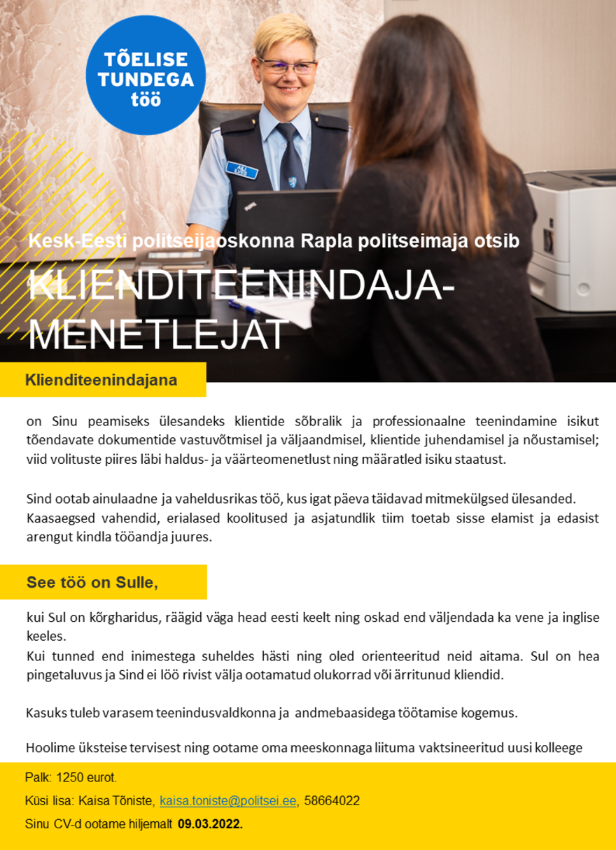 Politsei- ja Piirivalveamet Klienditeenindaja-menetleja