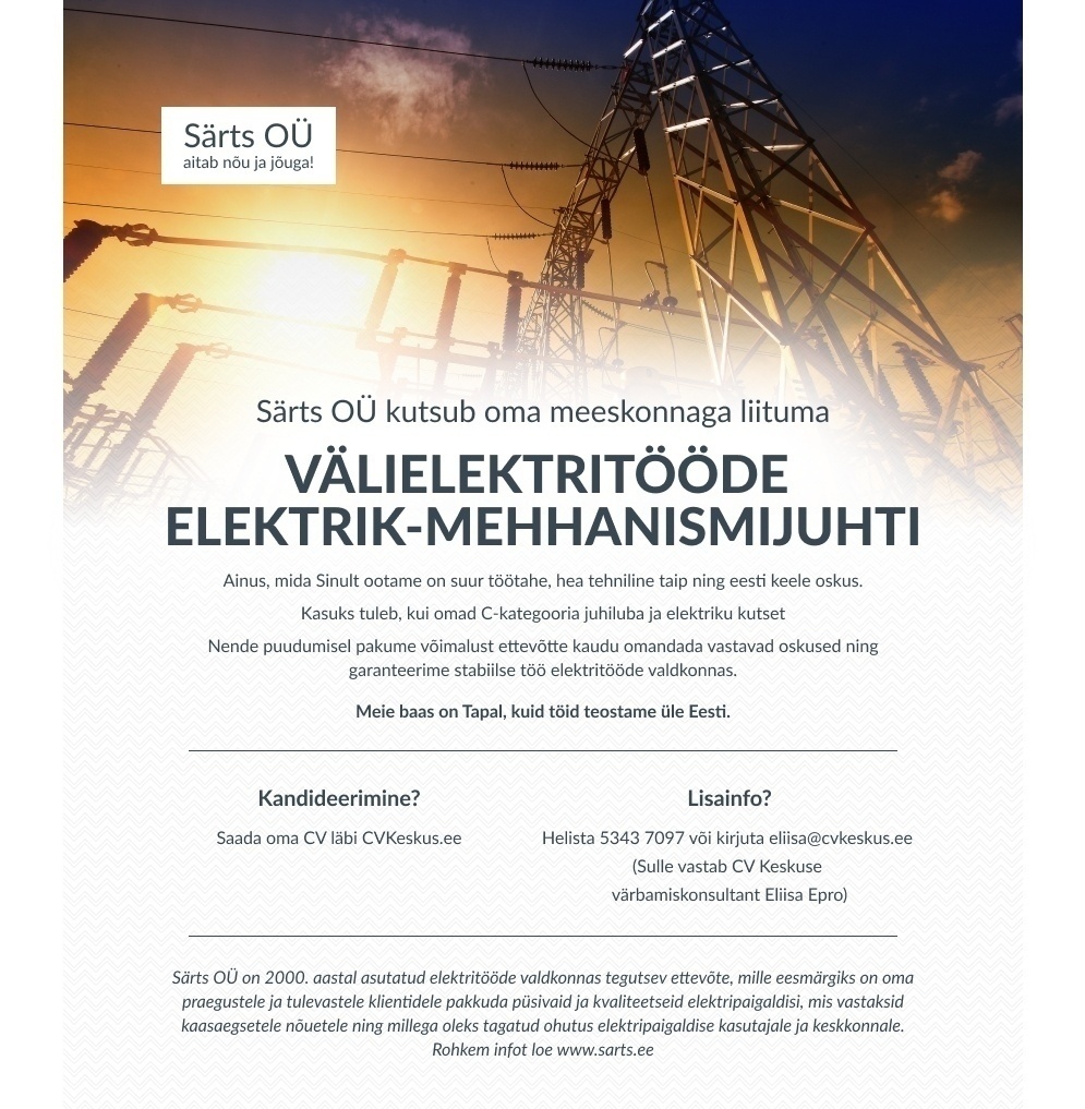 Särts OÜ VÄLIELEKTRITÖÖDE ELEKTRIK-MEHHANISMIJUHTI