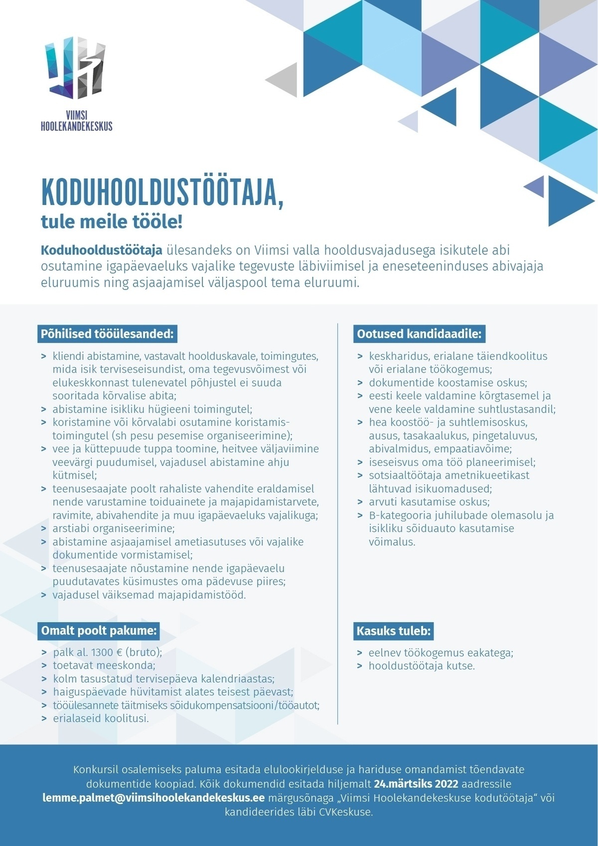 Viimsi Hoolekandekeskus Koduhooldustöötaja (Viimsis)