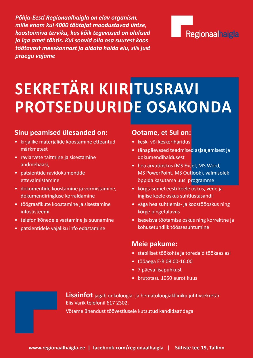 Põhja-Eesti Regionaalhaigla Sekretär kiiritusravi protseduuride osakonda