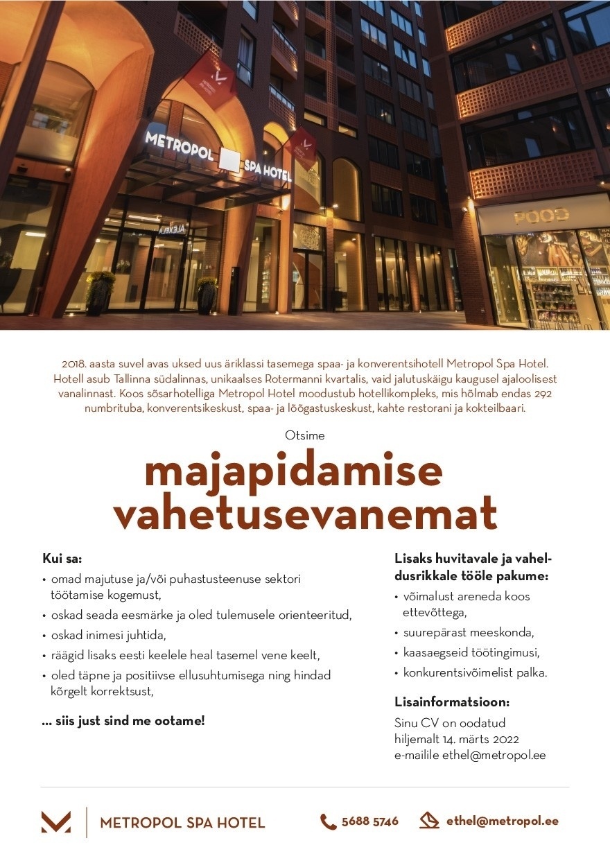 Metropol Hotellid / Haveli Invest OÜ  Majapidamise vahetusevanem