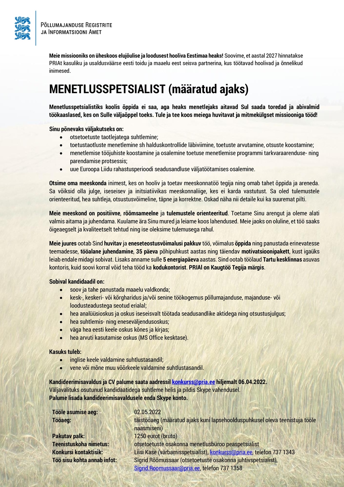 Põllumajanduse Registrite ja Informatsiooni Amet Menetlusspetsialist (määratud ajaks)