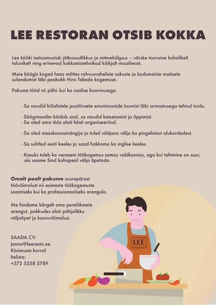 Leib Restoran OÜ Lee Restoran otsib kokka!
