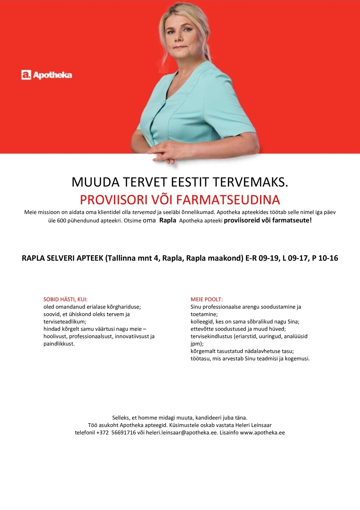 Apotheka Proviisor või farmatseut Rapla Selveri Apotheka