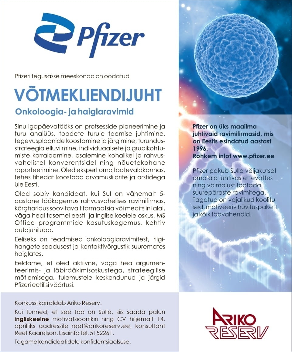 Pfizer Eesti VÕTMEKLIENDIJUHT /Onkoloogia- ja haiglaravimid