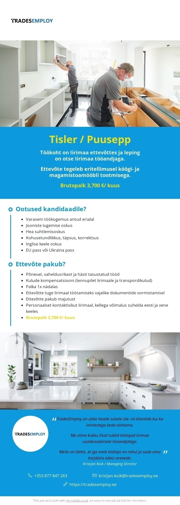 BESTEMPLOY TRADE OÜ Tisler/ puusepp