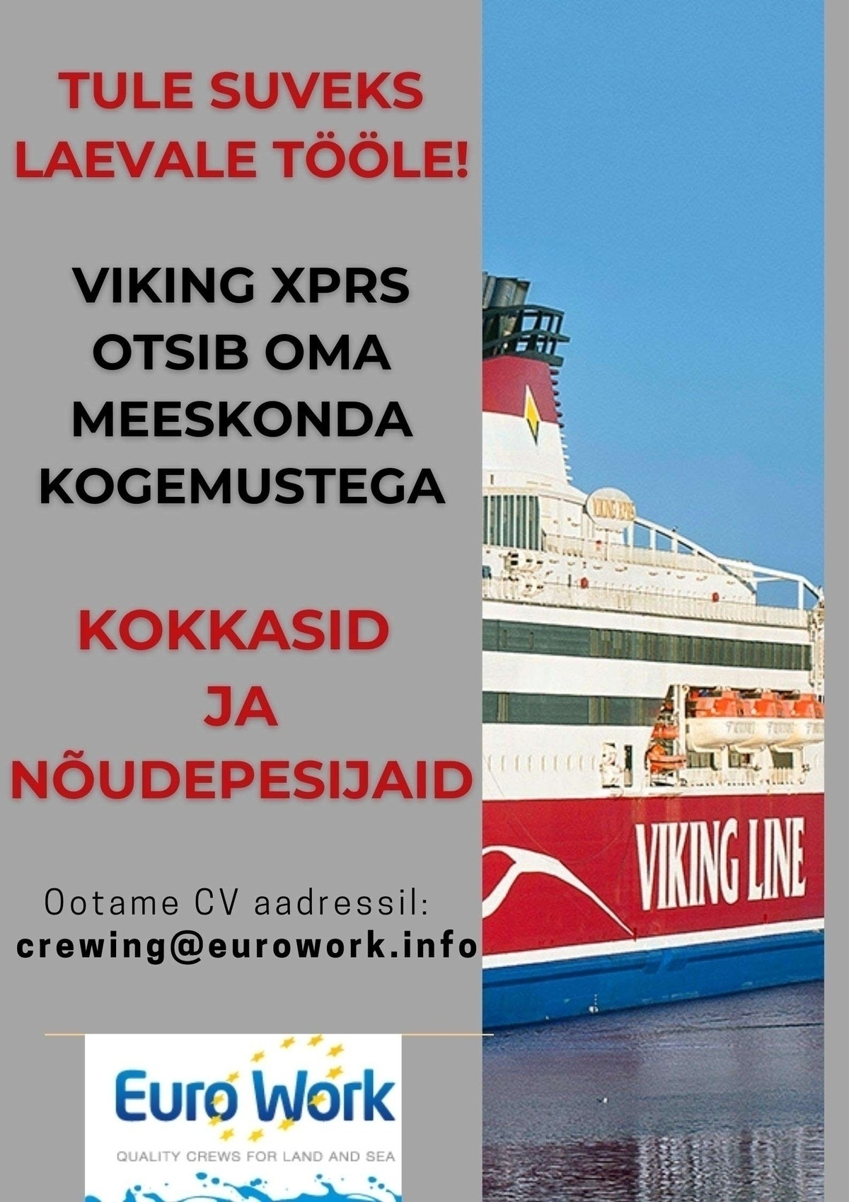 CVKeskus.ee klient Kokad ja nõudepesijad reisiparvlaevale "Viking XPRS"