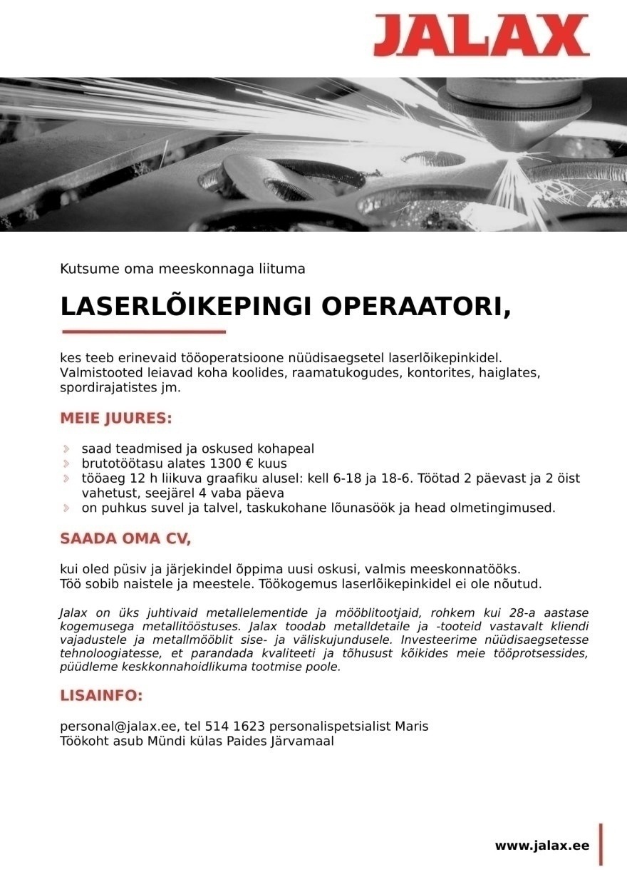 Jalax AS Laserlõikepingi operaator