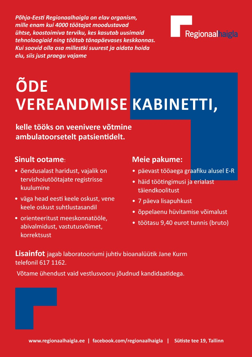 Põhja-Eesti Regionaalhaigla Õde vereandmise kabinetti