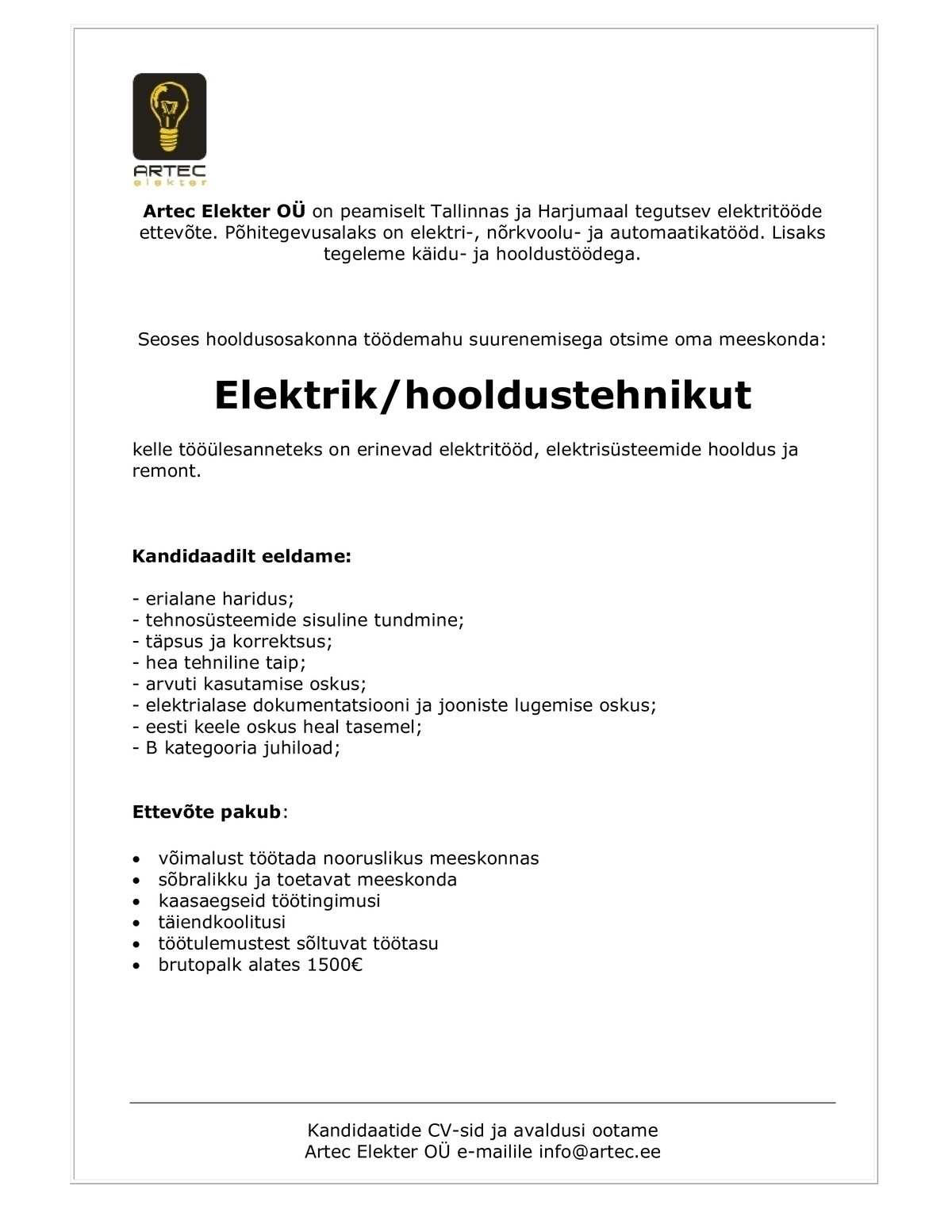 ARTEC ELEKTER OÜ Elektrik / hooldustehnik
