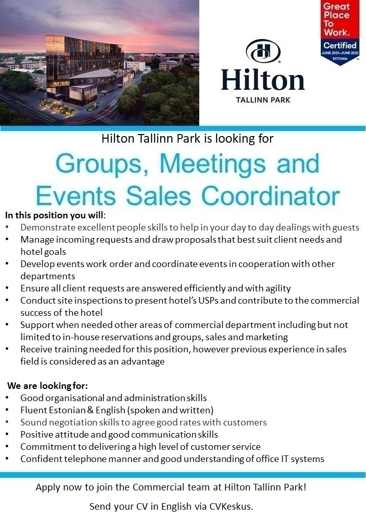 Hilton Tallinn Park Groups, Conferences & Events Coordinator