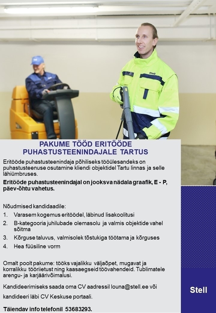 Stell Eesti AS Eritööde puhastusteenindaja Tartus