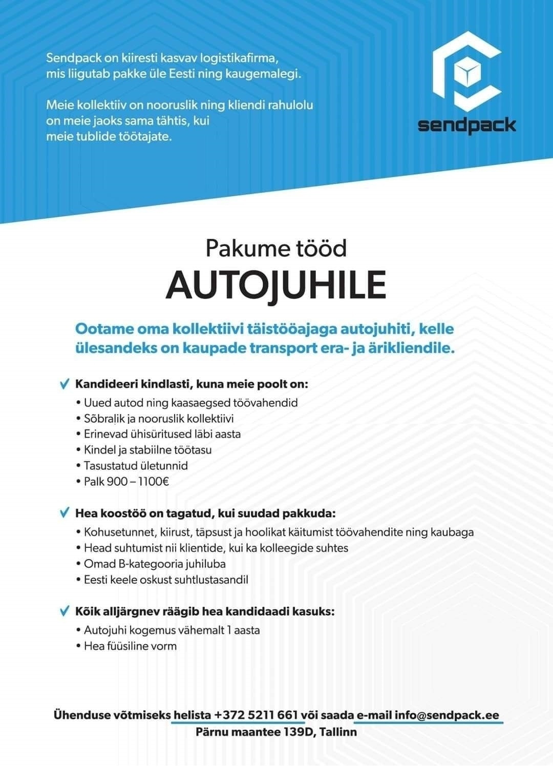 Sendpack Eesti OÜ B-kategooria autojuht / kuller