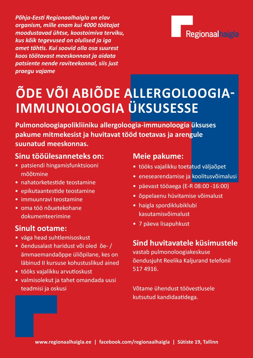 Põhja-Eesti Regionaalhaigla Õde või abiõde allergoloogia-immunoloogia üksusesse