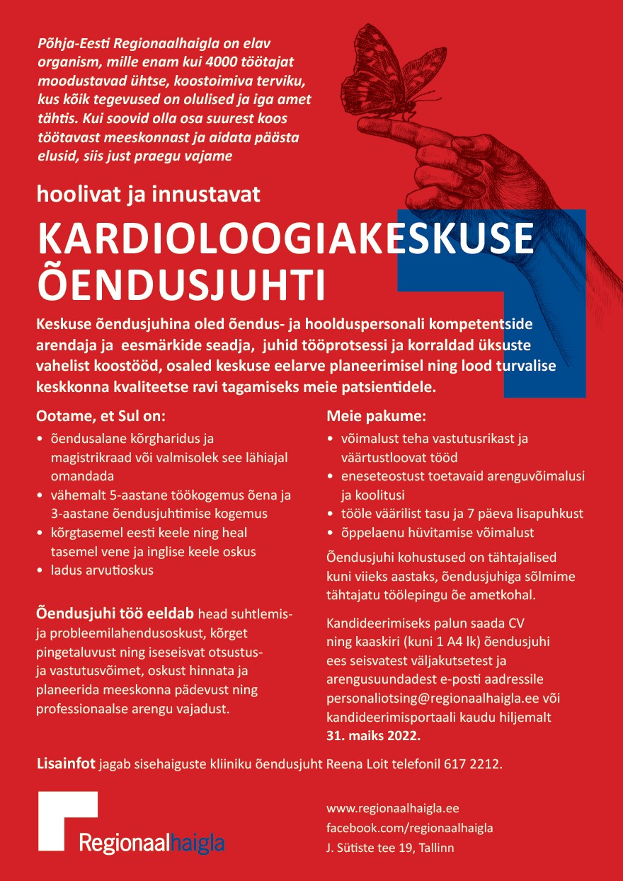 Põhja-Eesti Regionaalhaigla Õendusjuht kardioloogiakeskusesse
