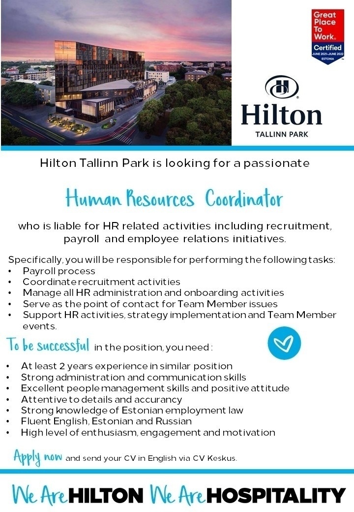 Hilton Tallinn Park Human Resources Coordinator